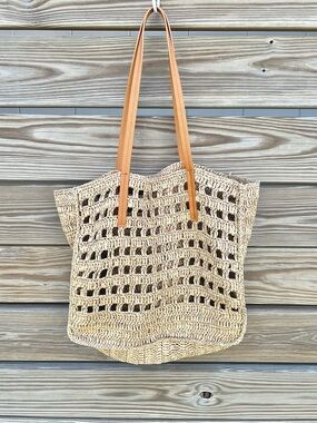 Unbranded Woven Straw French Market Style Tote Tan Straps Coastal Beach Bag